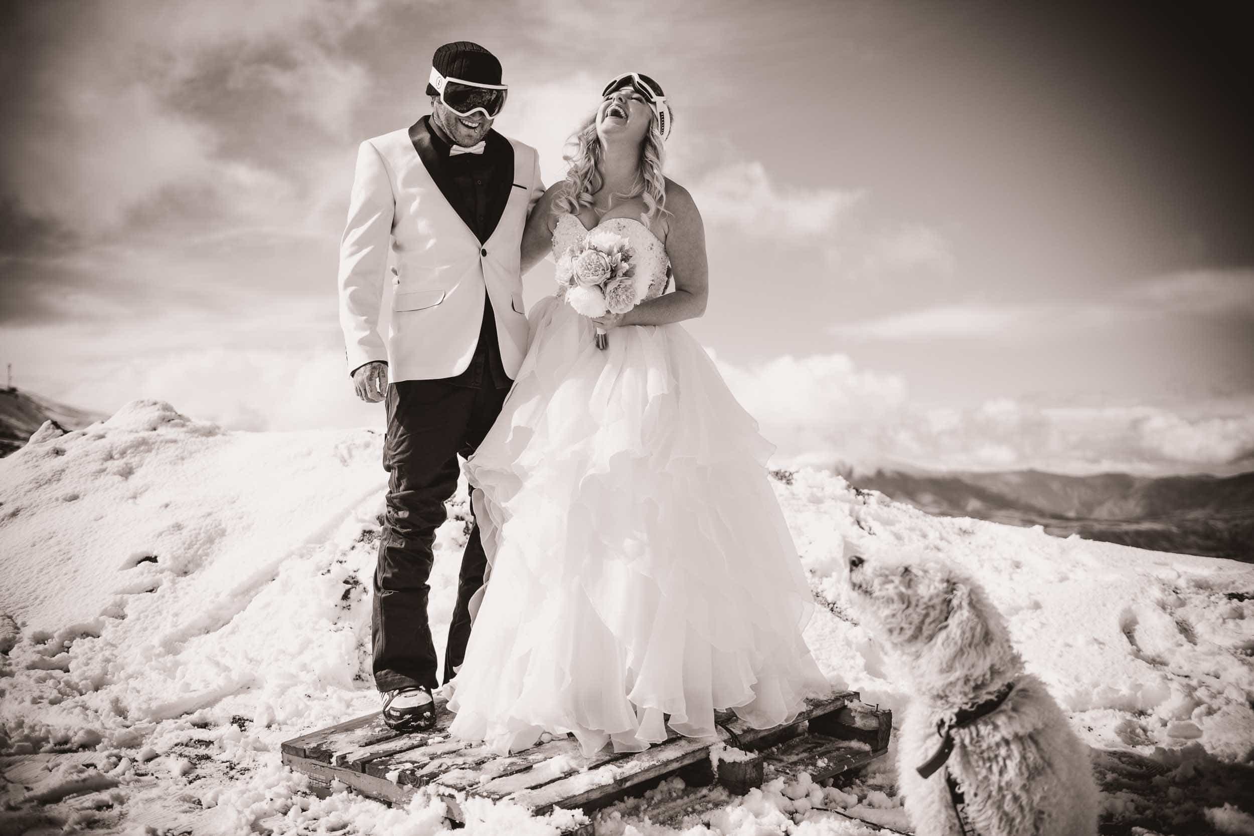 blog post featured image 7 queenstown wedding trends Now this is what I call a Queenstown Winter Wedding!! At Coronet Peak...on snowboards...in a snow storm!! fallon photography