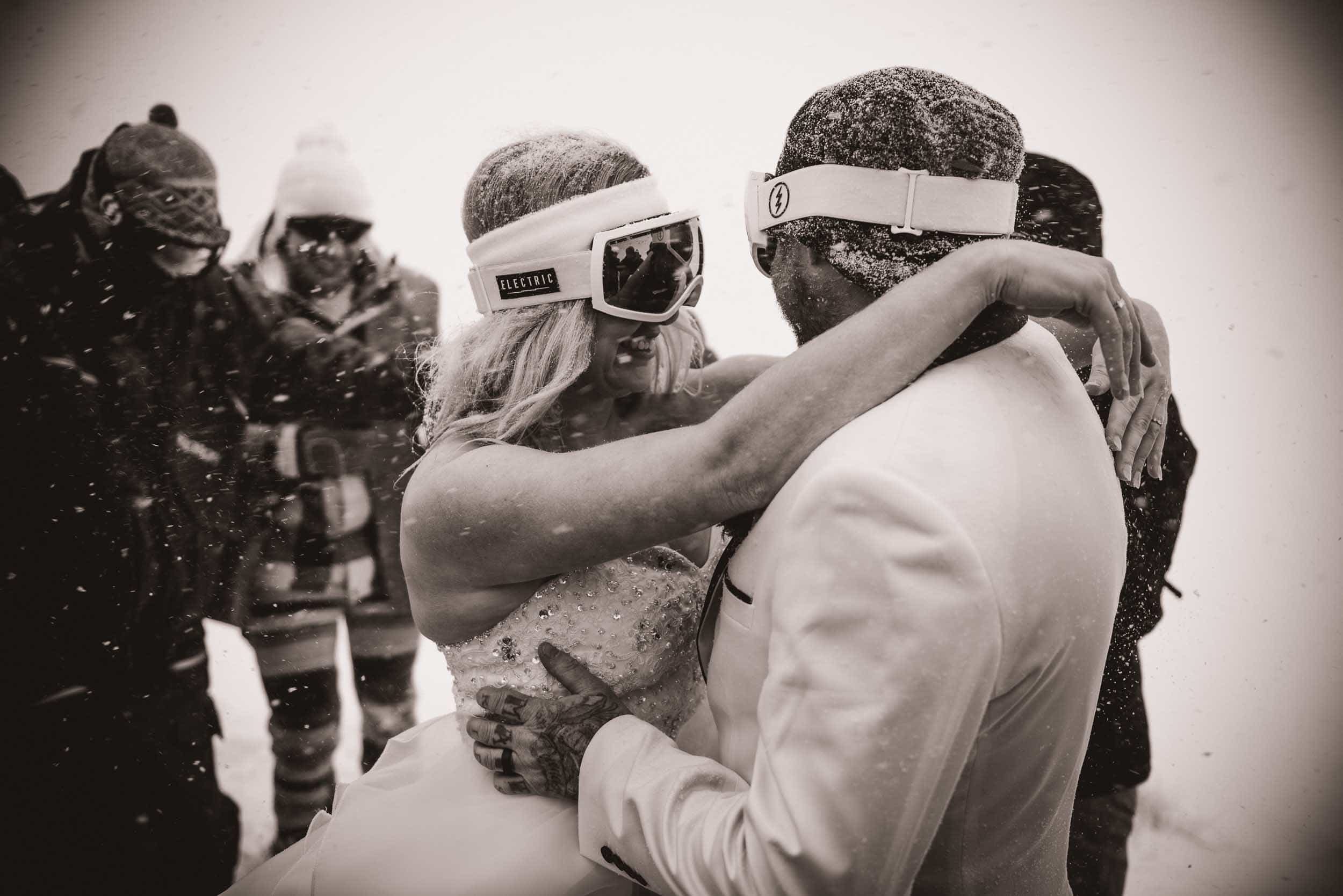 Now this is what I call a Queenstown Winter Wedding!!  At Coronet Peak...on snowboards...in a snow storm!! fallon photography