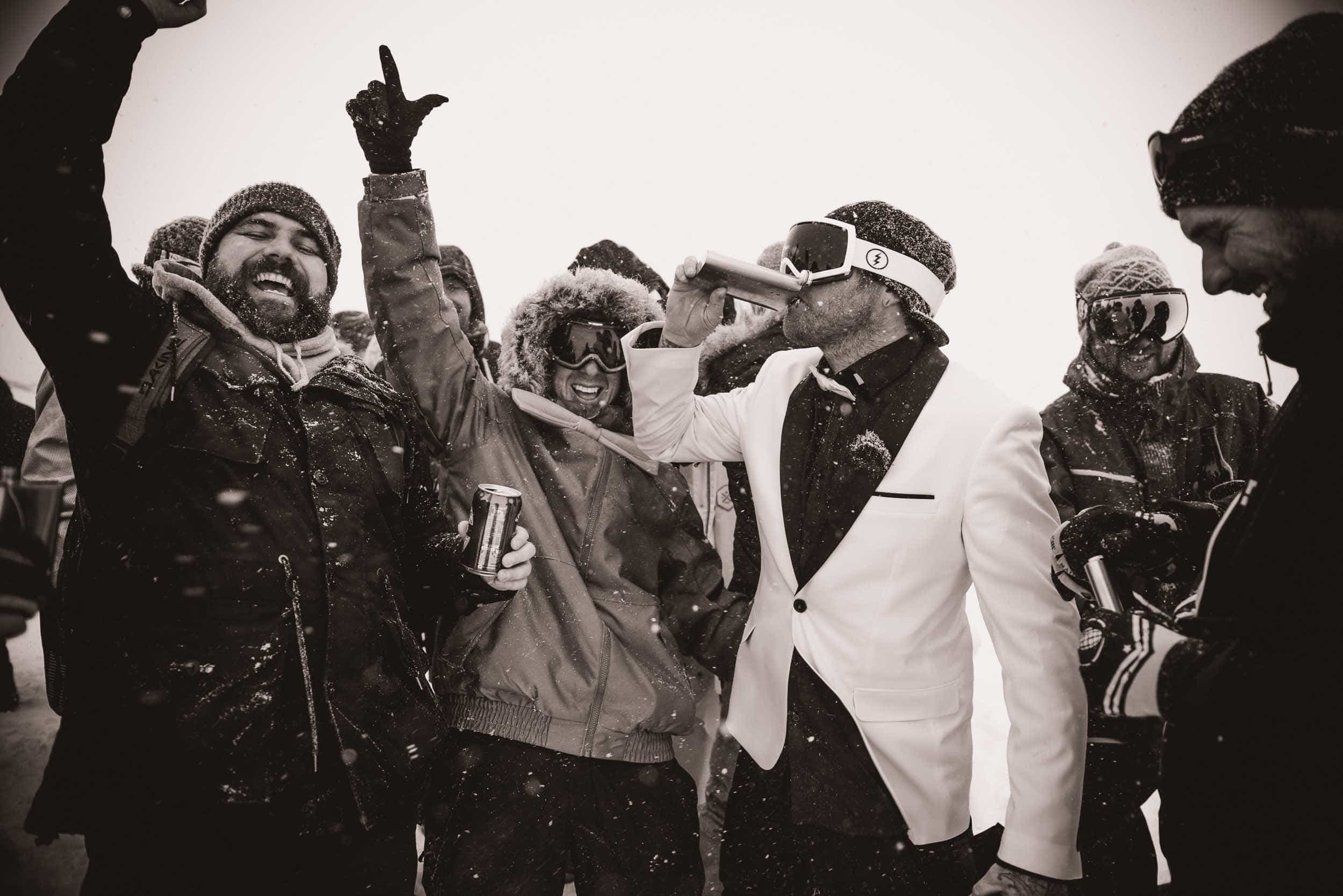 Now this is what I call a Queenstown Winter Wedding!!  At Coronet Peak...on snowboards...in a snow storm!! fallon photography