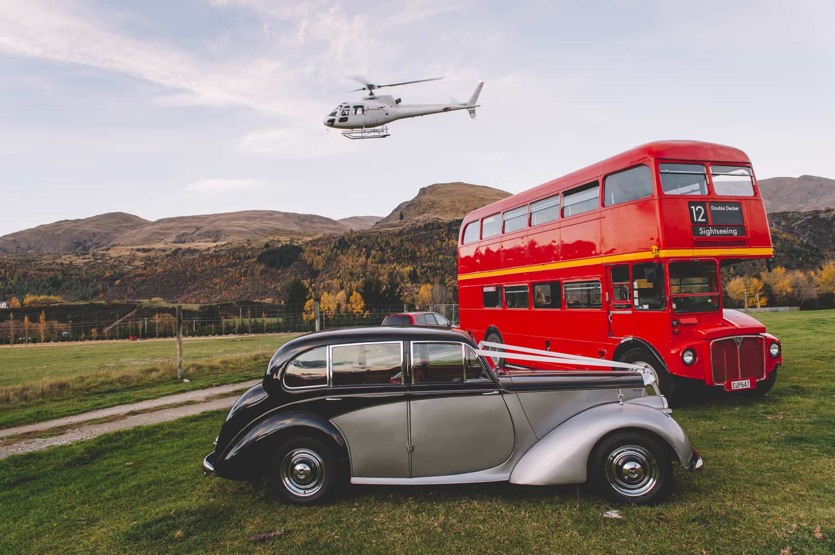 queenstown wedding transport helicopter car double decker bus