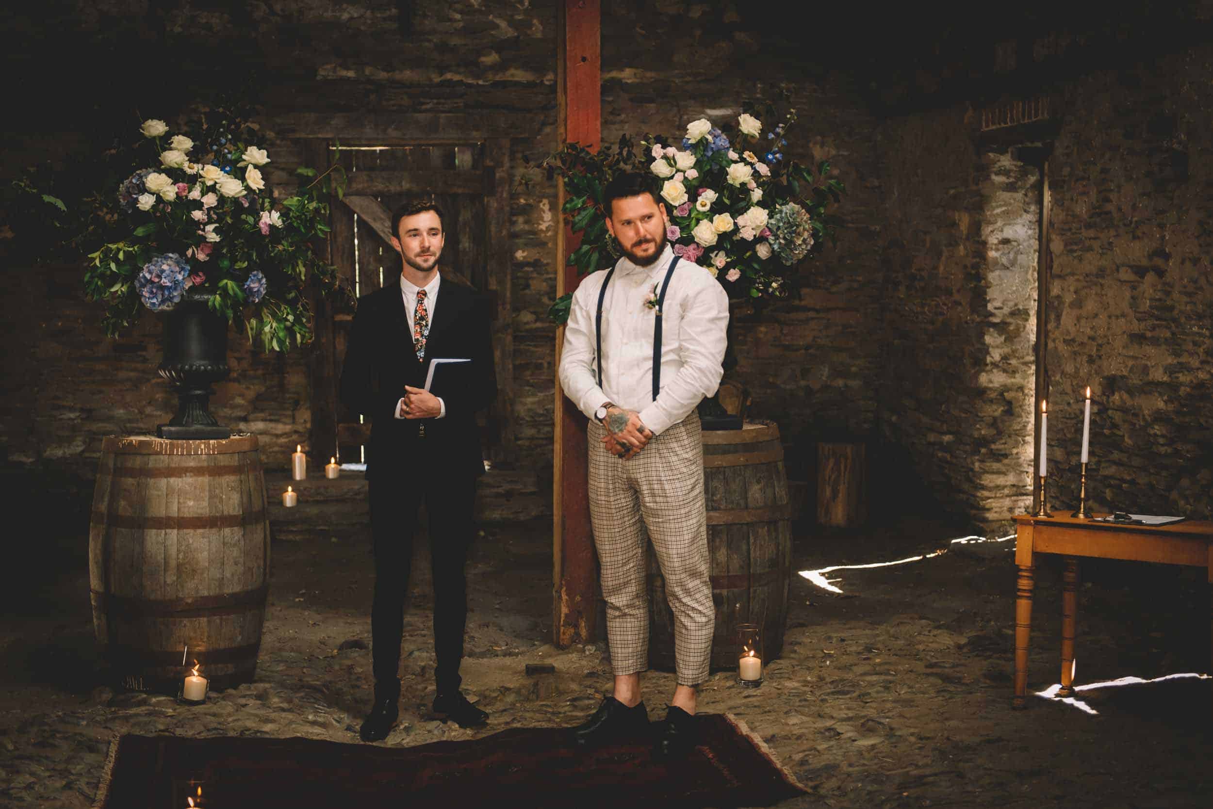 Nick & Nina's Thurlby Domain Elopement old stone stables wedding ceremony nervous groom waiting