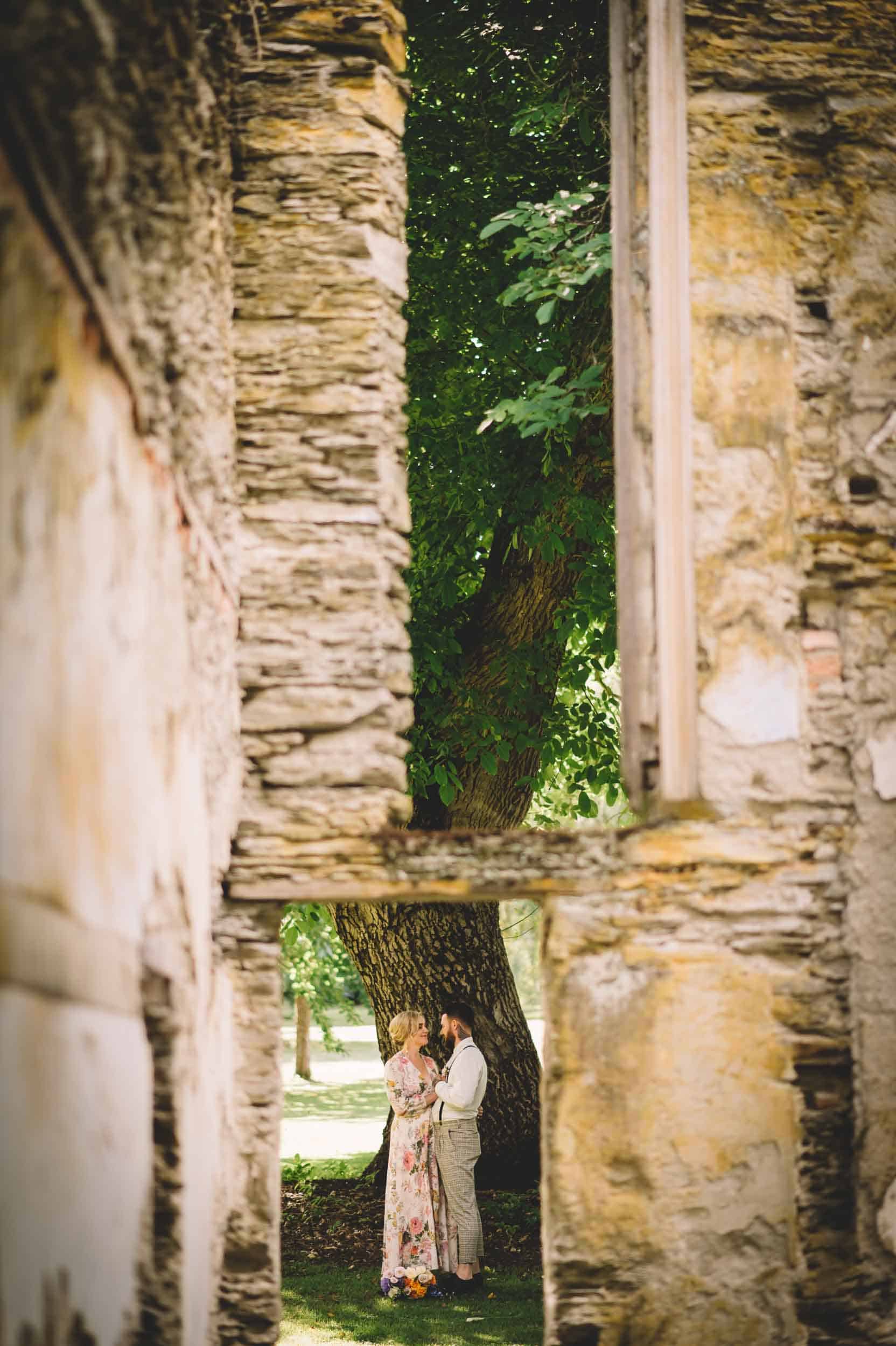 Nick & Nina's Thurlby Domain Elopement bride & groom photos old stone ruins