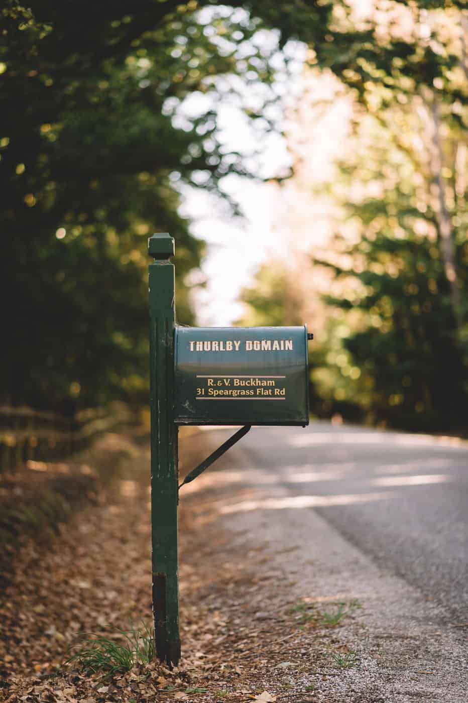 Sam & Kirk's Thurlby Domain Elopement - mailbox on Speargrass Flat Road